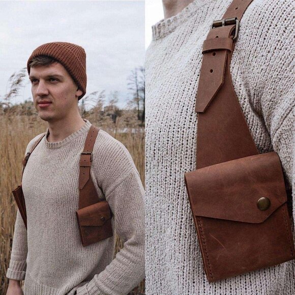 Hip-hop Men Leather Shoulder Holster Bag Sleeveless HarnessVestBag1CrissCrossBag - Picture 1 of 14